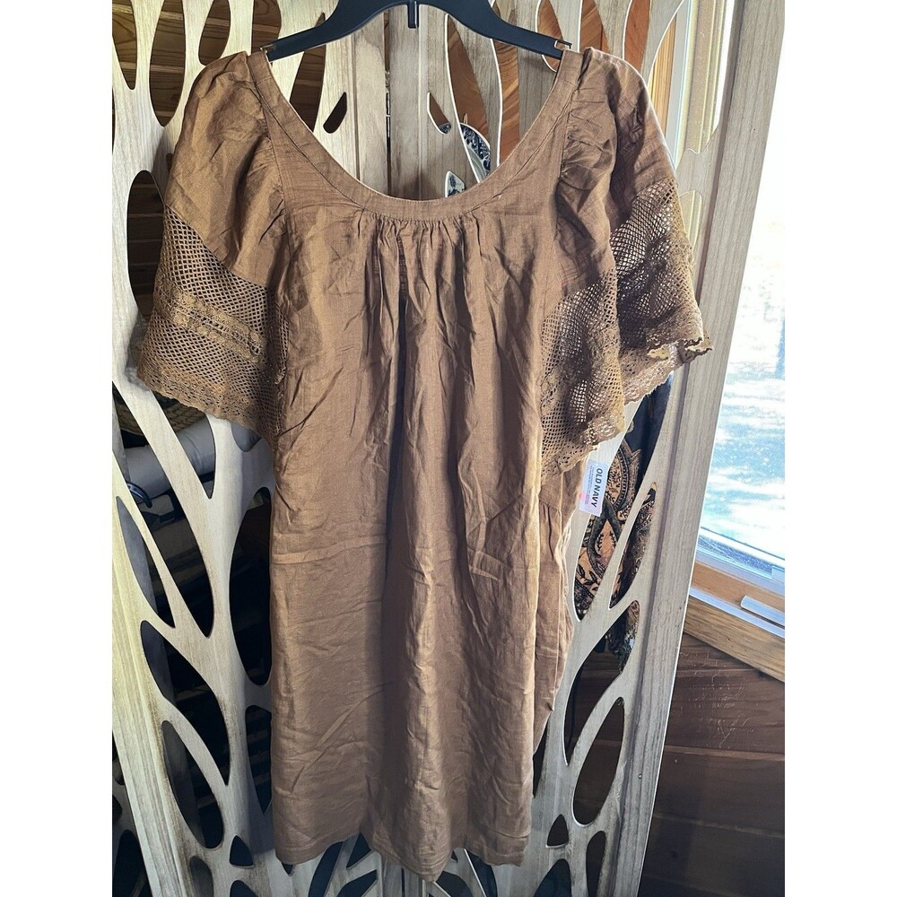 Old Navy Women's Dress Cotton Brown 3X Short Sleeve Knee Length Pockets NWT